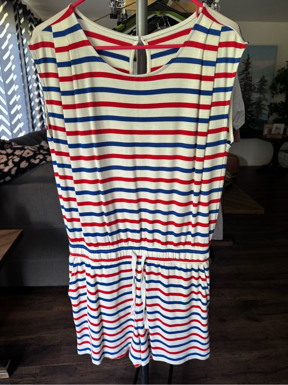 LOFT Cream Striped Romper with Red & Blue Stripes